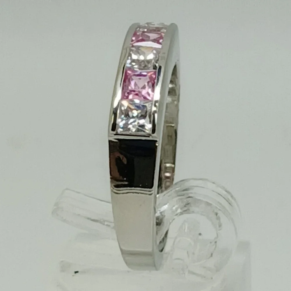 Vintage 90s Pink Clear Princess Cut CZ Channel Set Silver Tone Band Ring Size 10